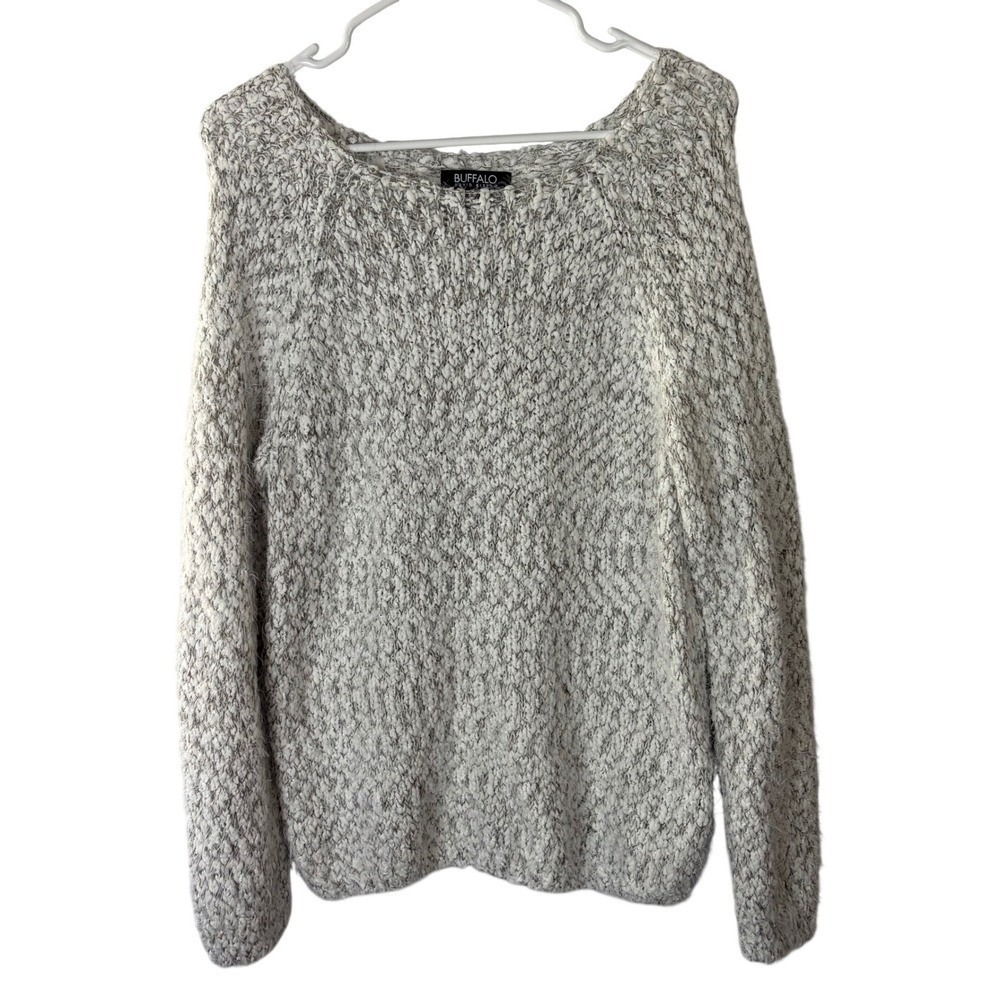 Buffalo David Bitton Womens Gray White Fuzzy Popcorn Knit Sweater Large L Raglan